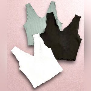 3 Solid Lettuce Trim Rib Knit Cropped Tank Tops